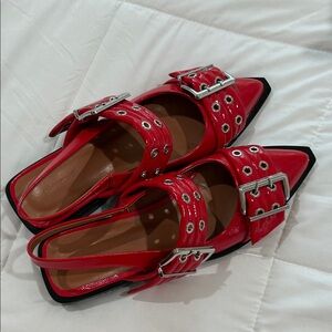 Red Pointed Slingback Flats with Buckle Detail